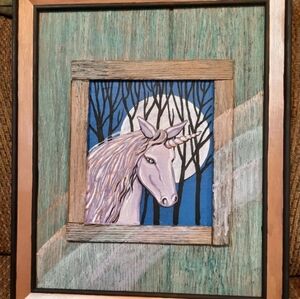 Unicorn painting altered art handcrafted frame original Upcycled Barn Wood